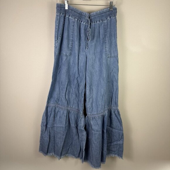 Billy T Tiered Denim Pants Large Drawstring Waist Wide Leg Boho Festival Summer - Picture 2 of 8